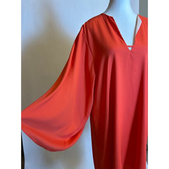 Elaine Turner | Coral/Orange Wide Sleeve V Neck Flowy Tunic Dress | Small - Picture 6 of 13